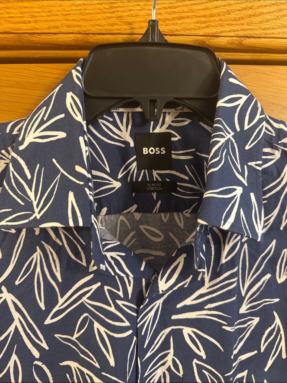 BOSS Slim Fit Stretch Easy Iron H Hank Kent Long Sleeve Shirt Size M Leaf Print - Picture 4 of 10